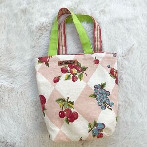 Vintage 90s Mini Tote Bag Cottagecore Fruit Berry Print Baby Pink White Green